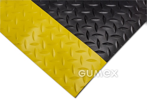 Protiúnavová rohož SAFETY DECKPLATE, hrúbka 15mm, 600x900mm, dezén diamant, povrch tvrdé PVC, spodná vrstva PVC pena, 0°C/+60°C, čierna so žltým okrajom